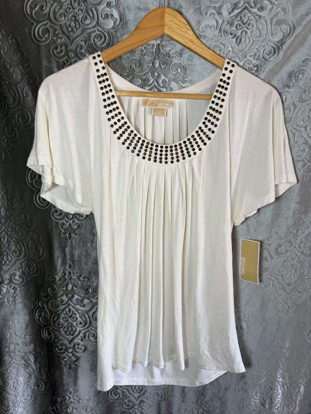 NWT Michael Kors Studded Pleated Top Ecru Size S